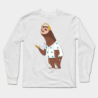 Kawaii Cute Sloth Listening To Music Long Sleeve T-Shirt